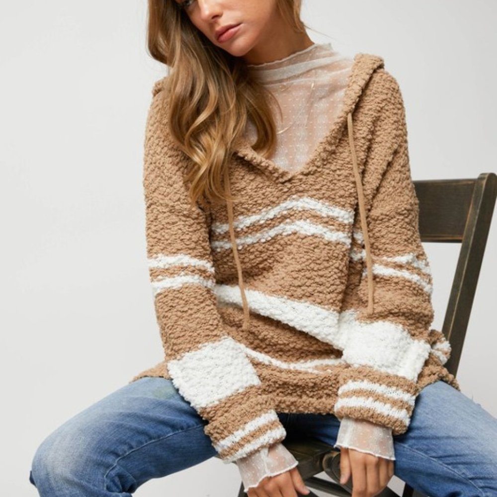 Davi & Dani Striped Drawstring Hooded Tunic Sweater